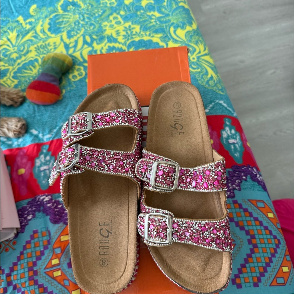 Pink Beaded Sandals with Buckles